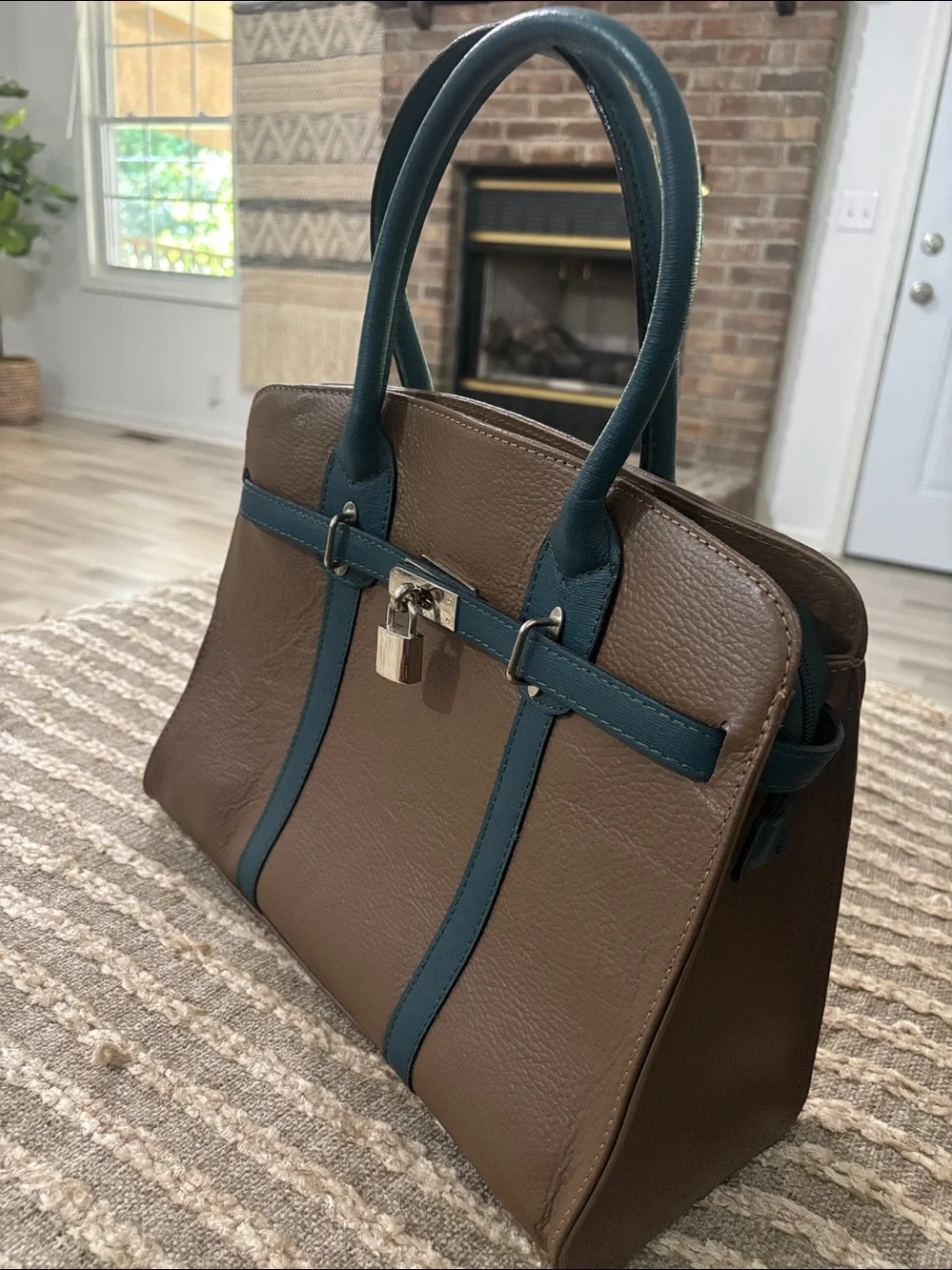 Vera Pelle Leather Satchel with Lock - Brown‎ & Green purse